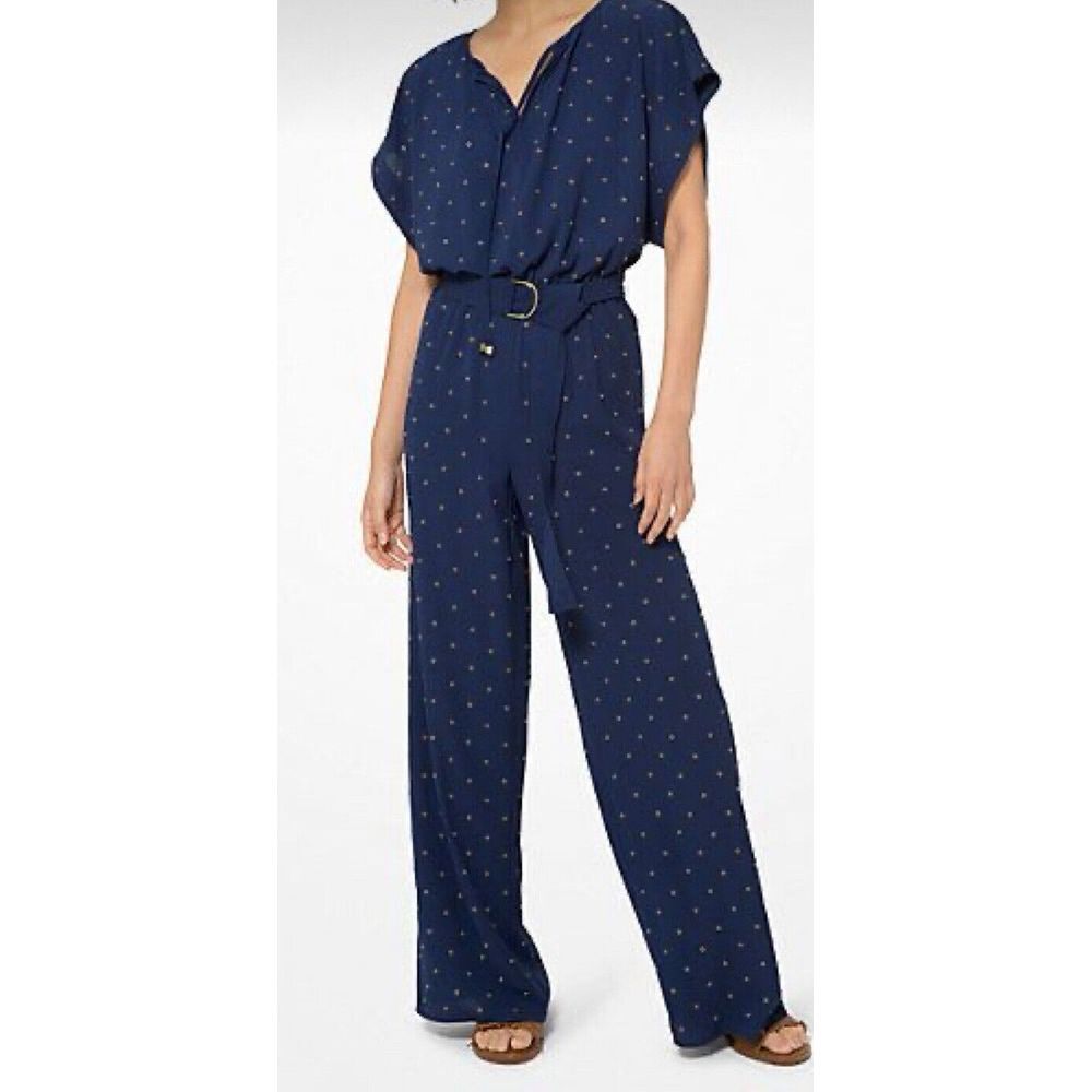 Women Michael Kors Grommeted Crepe Jumpsuit - Blue - Full Length Jump Small